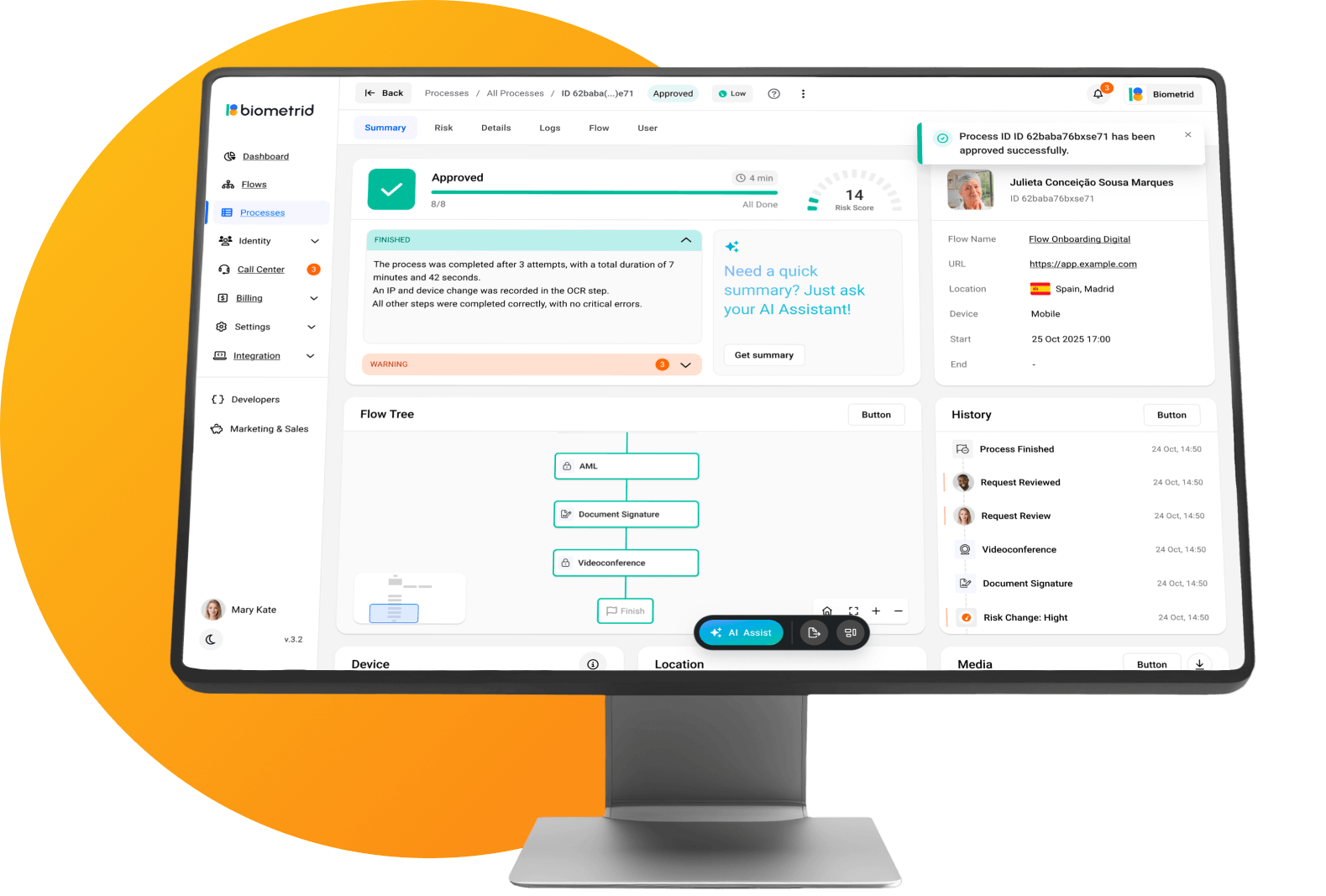 Biometrida platform dashboard showing live verification data